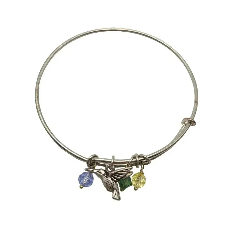 Multicolor Glass Beads Hummingbird Charm Bangle Bracelet Silver Tone Vintage